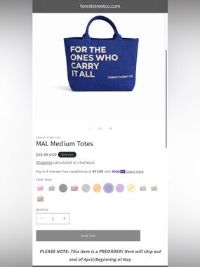 Forest Street Co. Medium MAL Tote. Currently only on their website for preorder